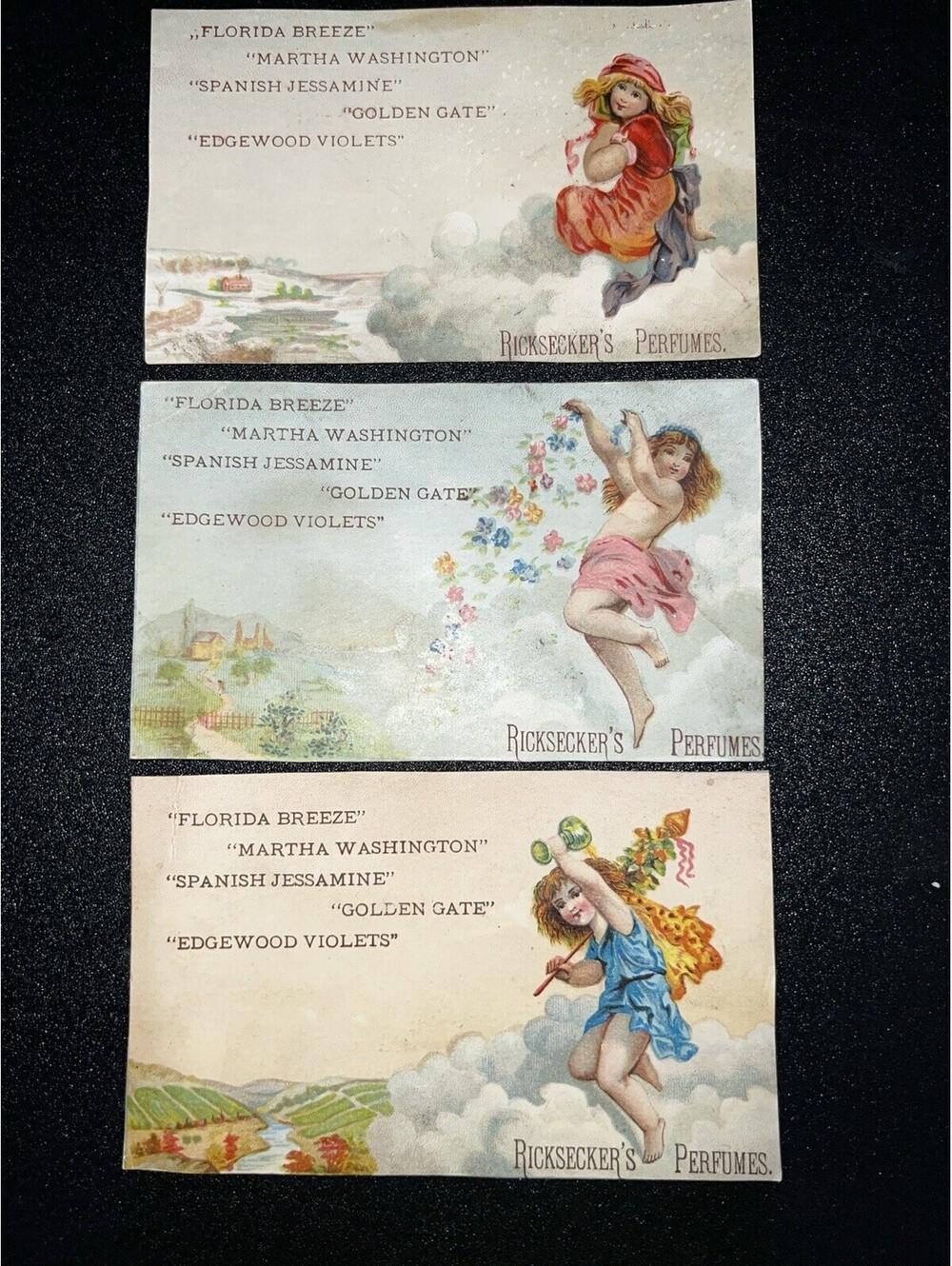 Rare Set (3)Trade Cards Ricksecker's Perfumes Skin Soap Victorian Woman Scents
